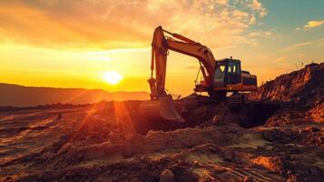 AI generated Excavator at a construction site against the setting sun photo