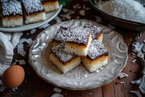 AI generated Lamingtons, sponge cake with chocolate and coconut. photo