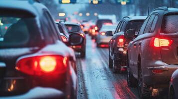 ai generado moderno carros son atascado en un tráfico mermelada en un autopista en invierno. foto