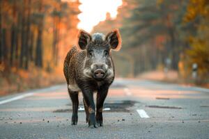 AI generated Boar standing on the road near forest at early morning or evening time. Road hazards, wildlife and transport. photo