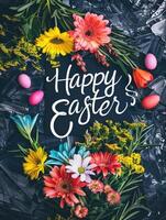 AI generated Happy easter text with beautiful colorful flowers bouquet. photo