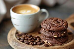 AI generated Chocolate cookies with a cup of espresso photo