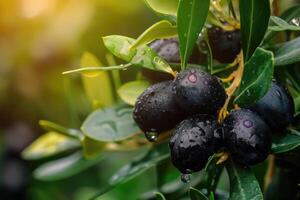 AI generated Ripe black olives on the tree with green leaves and water drops, close up view. photo