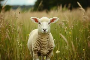 AI generated Mountain sheep grazing on pasture in summer on mountain background photo