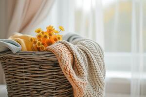 AI generated Assorted pastel color clothes neatly arranged in a wicker basket on a table. photo