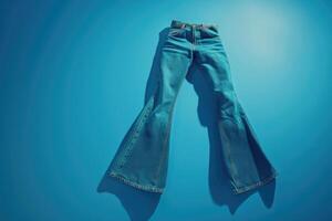 AI generated Blue denim jeans isolated on blue background. photo