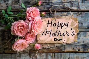 AI generated Happy Mother's day with pink roses over rustic wood background photo