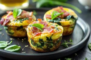 AI generated Healthy spinach and bacon low carb egg muffin. photo