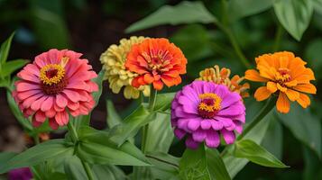 AI generated In a flower bed in a large number various zinnias grow and blossom. photo