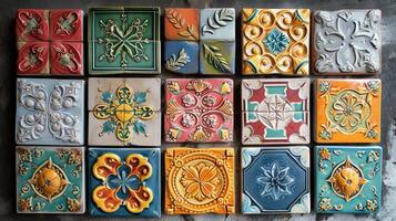 AI generated Beautiful colourful handmade ceramic tile with various ornament. photo