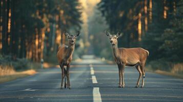 AI generated Deers standing on the road near forest at early morning or evening time. Road hazards, wildlife and transport. photo