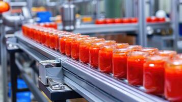 AI generated Automated conveyor line or belt in modern tomato paste in glass jars plant or factory production. photo