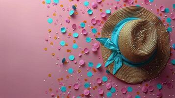 AI generated Straw Hat on Pink Background With Confetti photo