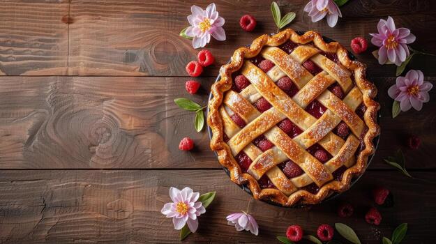 AI generated Raspberry Pie With Leaves on Table photo