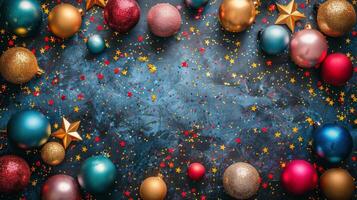 ai generado grupo de Navidad pelotas y estrellas en azul antecedentes foto