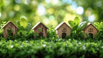 AI generated Small Wooden Houses on Lush Green Field photo