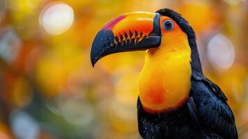 AI generated Colorful Toucan Sitting on Branch in Forest photo