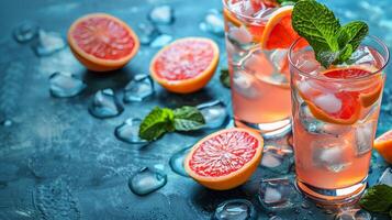 ai generado azul antecedentes con naranjas, palma hojas, y Gafas de sol foto