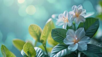 AI generated Close Up of White Flowers and Green Leaves photo