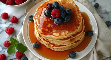 AI generated Stack of Pancakes With Berries and Syrup photo