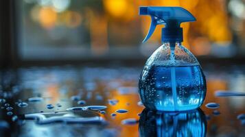 ai generado botella de agua con azul rociador foto