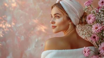 ai generado mujer con azul ojos y rosado flores en su pelo foto