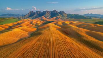 AI generated Aerial View of Field With Mountains in Background photo