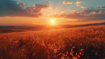 AI generated Sun Setting Over Tall Grass Field photo