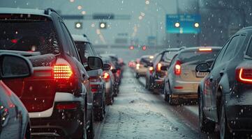 ai generado moderno carros son atascado en un tráfico mermelada en un autopista en invierno. foto