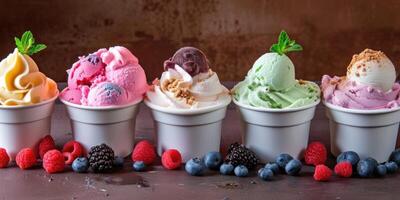 AI generated A variety of different colored ice cream flavors. photo