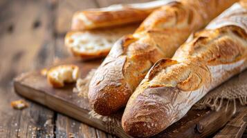 AI generated Chopped loaves of freshly baked french baguette bread on wooden table. photo