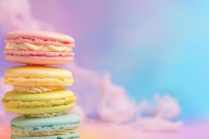 AI generated Colorful macarons cakes on pastel background photo