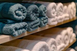 AI generated Close up of shelf with rolled bath towels at hotel spa. photo