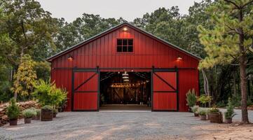 AI generated Red barn constructed on a farm in summer with doors open photo