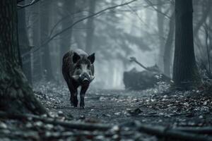 AI generated Lonely wild boar walks in forest. photo