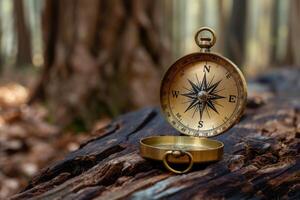 AI generated Vintage compass on the log in forest, warm sun light photo