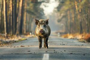 AI generated Boar standing on the road near forest at early morning or evening time. Road hazards, wildlife and transport. photo