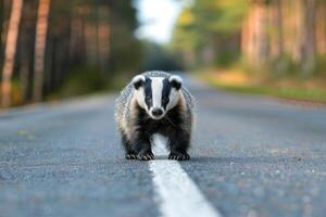 ai generado tejón en pie en el la carretera cerca bosque a temprano Mañana o noche tiempo. la carretera peligros, fauna silvestre y transporte. foto