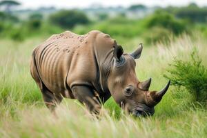 AI generated White rhinoceros grazing in a grass field. photo