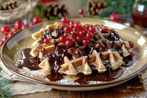 AI generated Plate of Belgian waffles with chocolate sauce and currant fruit. photo
