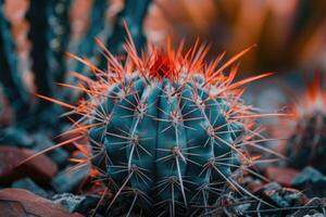 AI generated Selective focus shot of a cactus with big spikes. photo