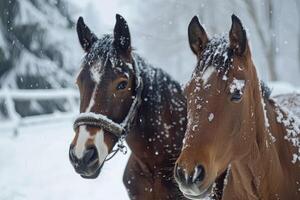 ai generado marrón caballos en un profundo Nevado paddock en el campo en invierno. foto