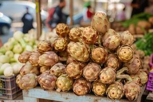 AI generated Stack of artichokes on a market stall. photo