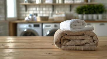 AI generated Stack of White Towels on Wooden Table photo