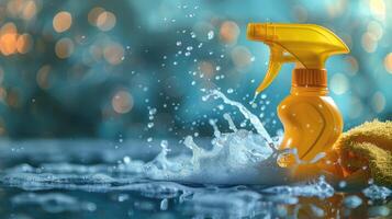 AI generated Yellow Spray Bottle on Water Puddle photo