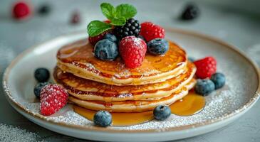 AI generated Delicious Stack of Pancakes With Berries and Syrup photo