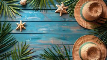 AI generated Hats and Palm Leaves on a Blue Wooden Background photo