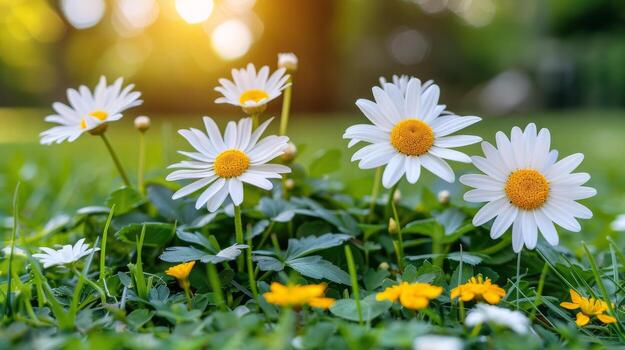 ai generado un manojo de margaritas en el césped foto