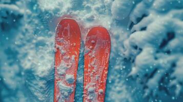 ai generado tabla de snowboard descansando en nieve foto
