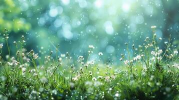 AI generated Dew-Covered Field With Grass and Flowers photo